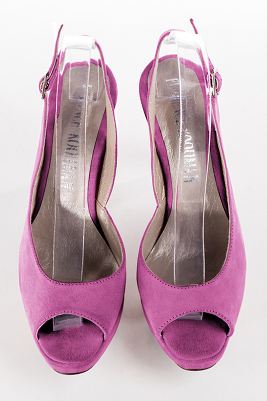Shocking pink women's slingback sandals. Round toe. Very high slim heel with a platform at the front. Top view - Florence KOOIJMAN